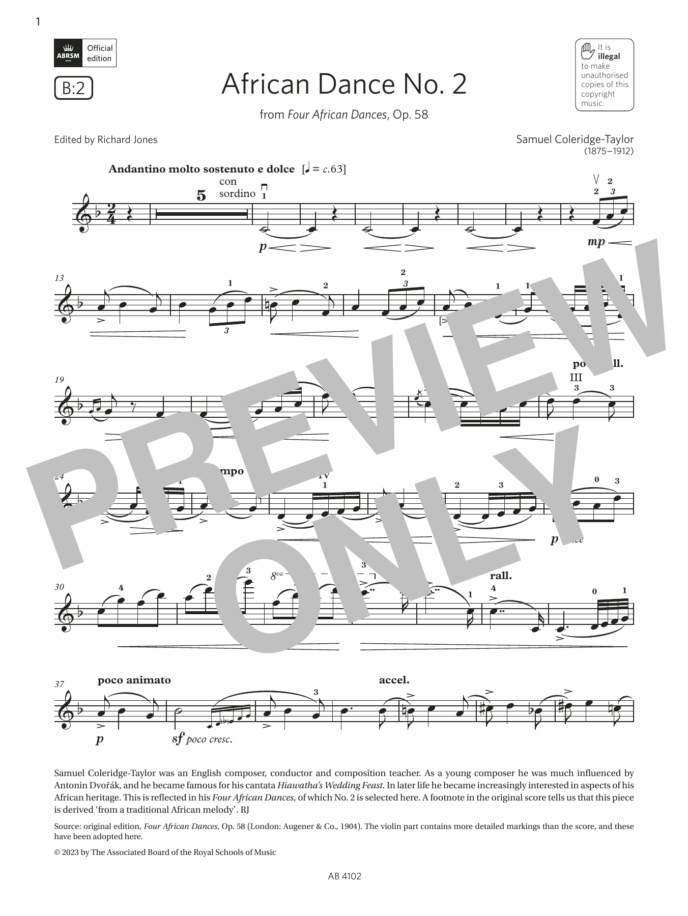 Download Samuel Coleridge-Taylor African Dance No. 2 (Grade 8, B2, from the ABRSM Violin Syllabus from 2024) Sheet Music and learn how to play Violin Solo PDF digital score in minutes