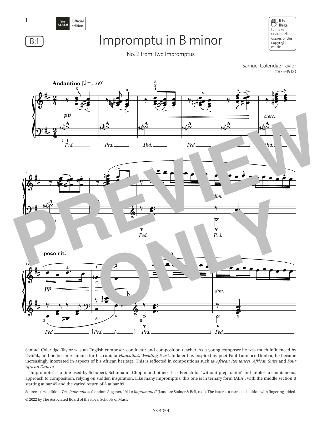 Download Samuel Coleridge-Taylor Impromptu in B minor (Grade 8, list B1, from the ABRSM Piano Syllabus 2023 & 202 Sheet Music and learn how to play Piano Solo PDF digital score in minutes