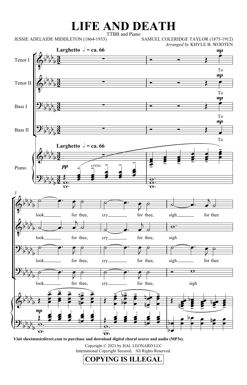 Download Samuel Coleridge Taylor Life And Death (arr. Khyle B. Wooten) Sheet Music and learn how to play TTBB Choir PDF digital score in minutes