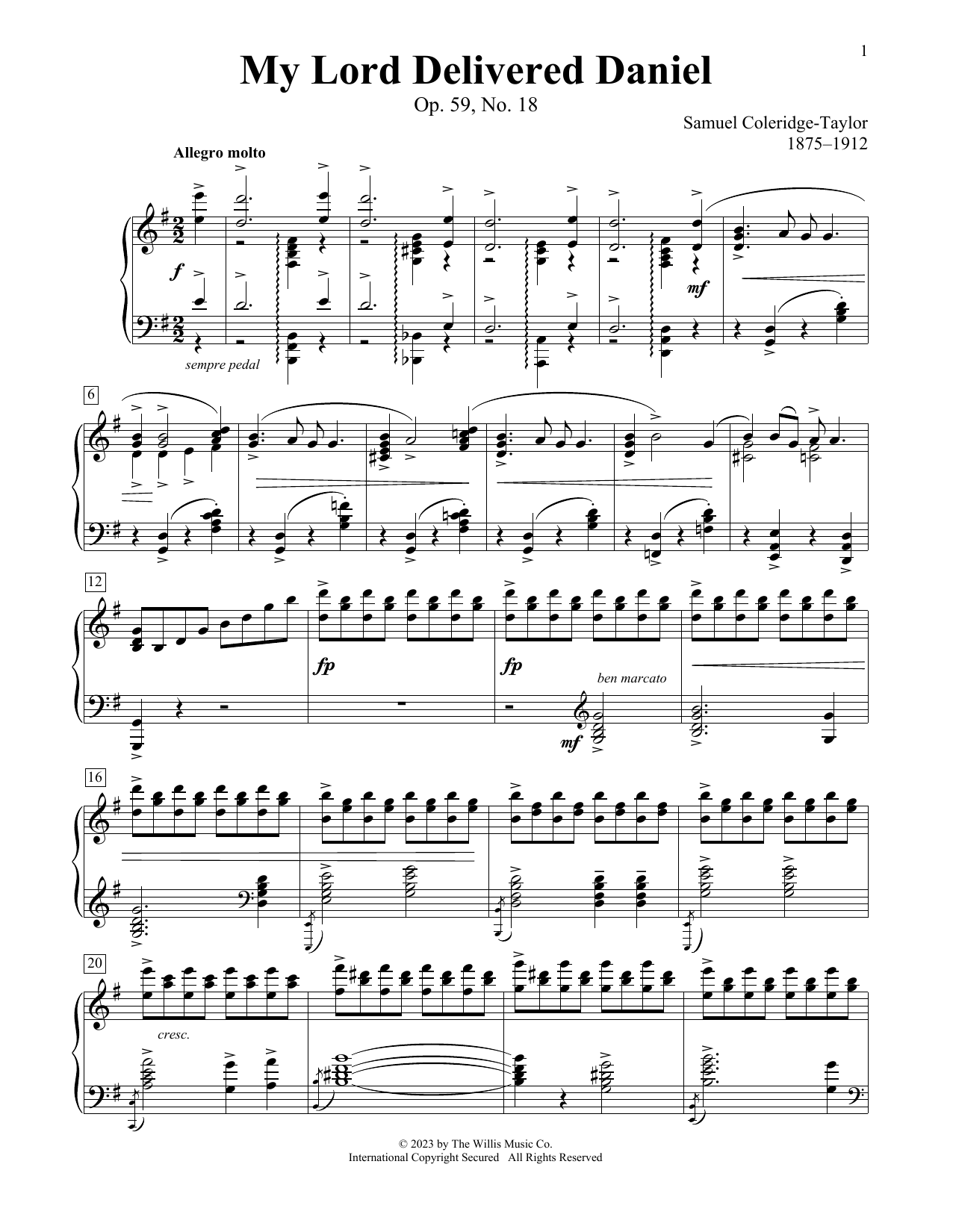 Download Samuel Coleridge-Taylor My Lord Delivered Daniel, Op. 59, No. 18 Sheet Music and learn how to play Educational Piano PDF digital score in minutes