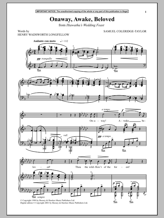 Download Samuel Coleridge-Taylor Onaway, Awake, Beloved (from Hiawatha's Wedding Feast) Sheet Music and learn how to play Piano & Vocal PDF digital score in minutes