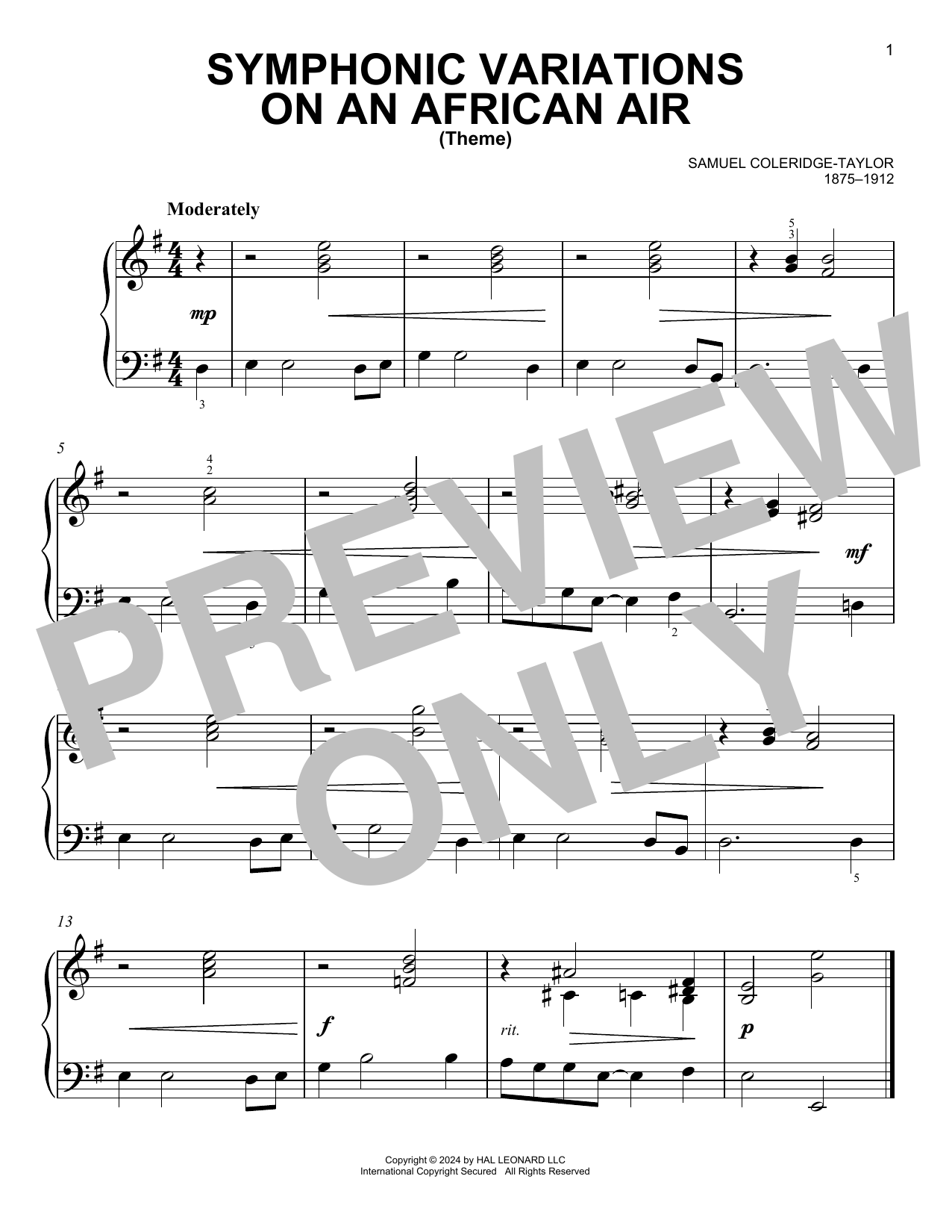 Download Samuel Coleridge-Taylor Symphonic Variations On An African Air Sheet Music and learn how to play Easy Piano PDF digital score in minutes