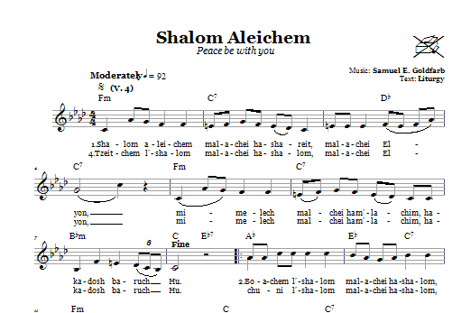 Download Samuel E. Goldfarb Shalom Aleichem (Peace Be With You) Sheet Music and learn how to play Melody Line, Lyrics & Chords PDF digital score in minutes