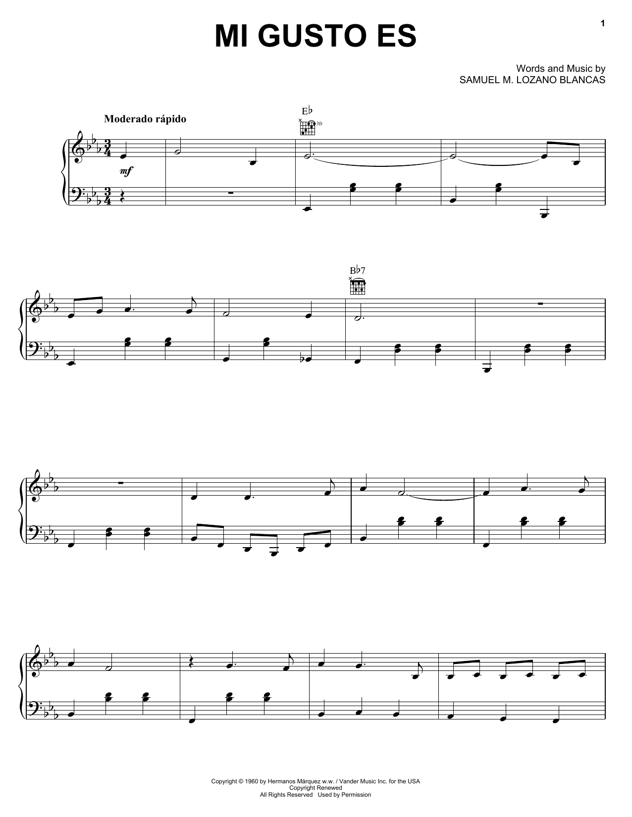 Download Samuel M. Lozano Blancas Mi Gusto Es Sheet Music and learn how to play Piano, Vocal & Guitar (Right-Hand Melody) PDF digital score in minutes