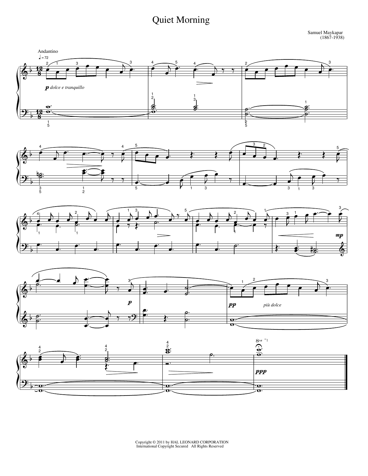 Download Samuel Maykapar Quiet Morning Sheet Music and learn how to play Easy Piano PDF digital score in minutes