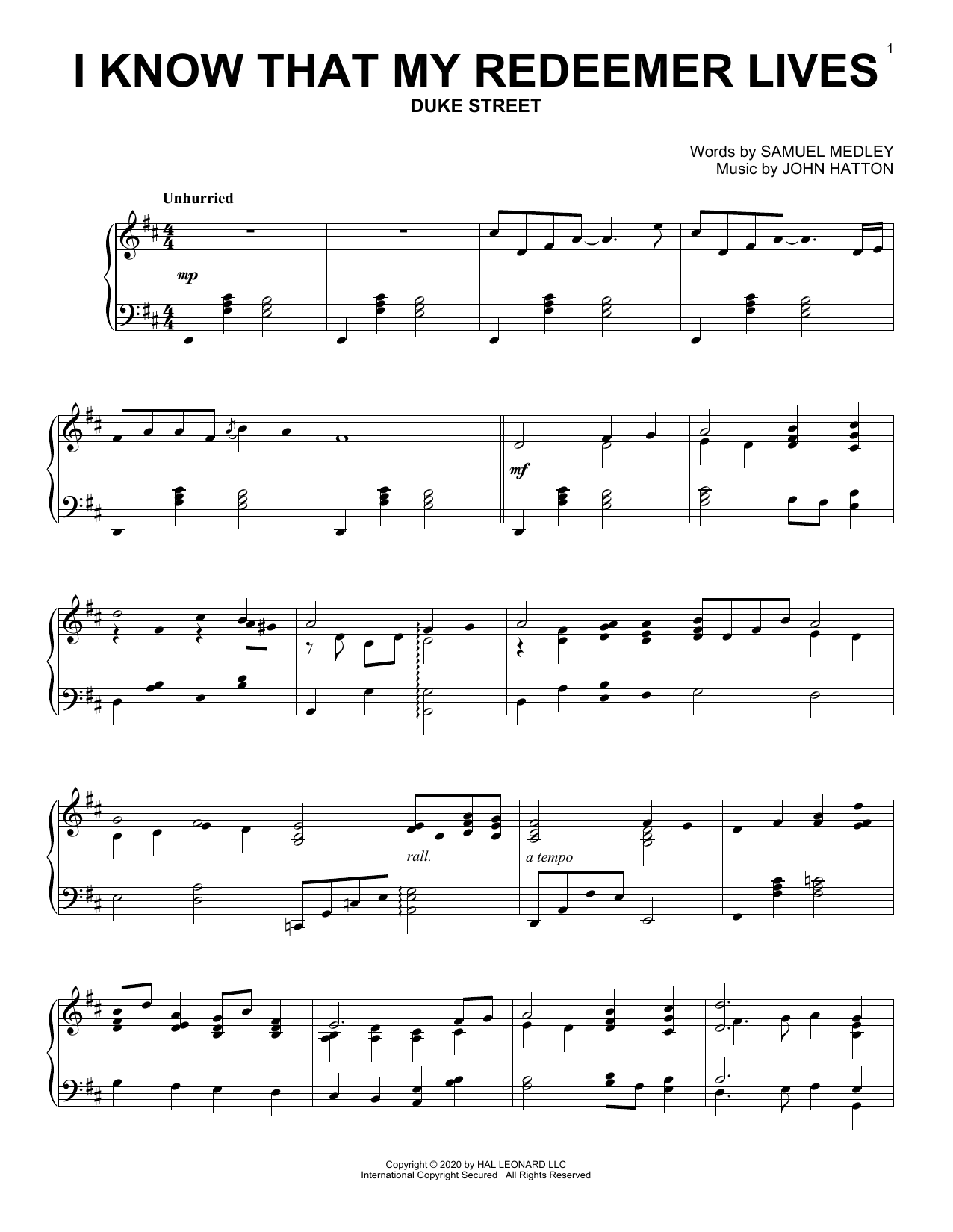 Download Samuel Medley and John Hatton I Know That My Redeemer Lives Sheet Music and learn how to play Piano Solo PDF digital score in minutes