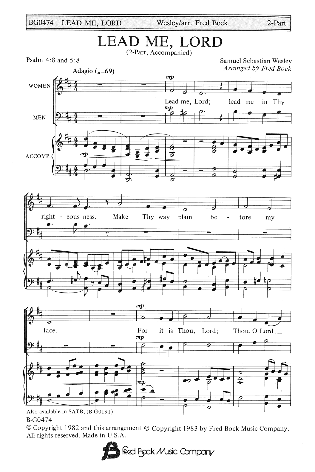 Download Samuel Sebastian Wesley Lead Me, Lord (arr. Fred Bock) Sheet Music and learn how to play SSAA Choir PDF digital score in minutes