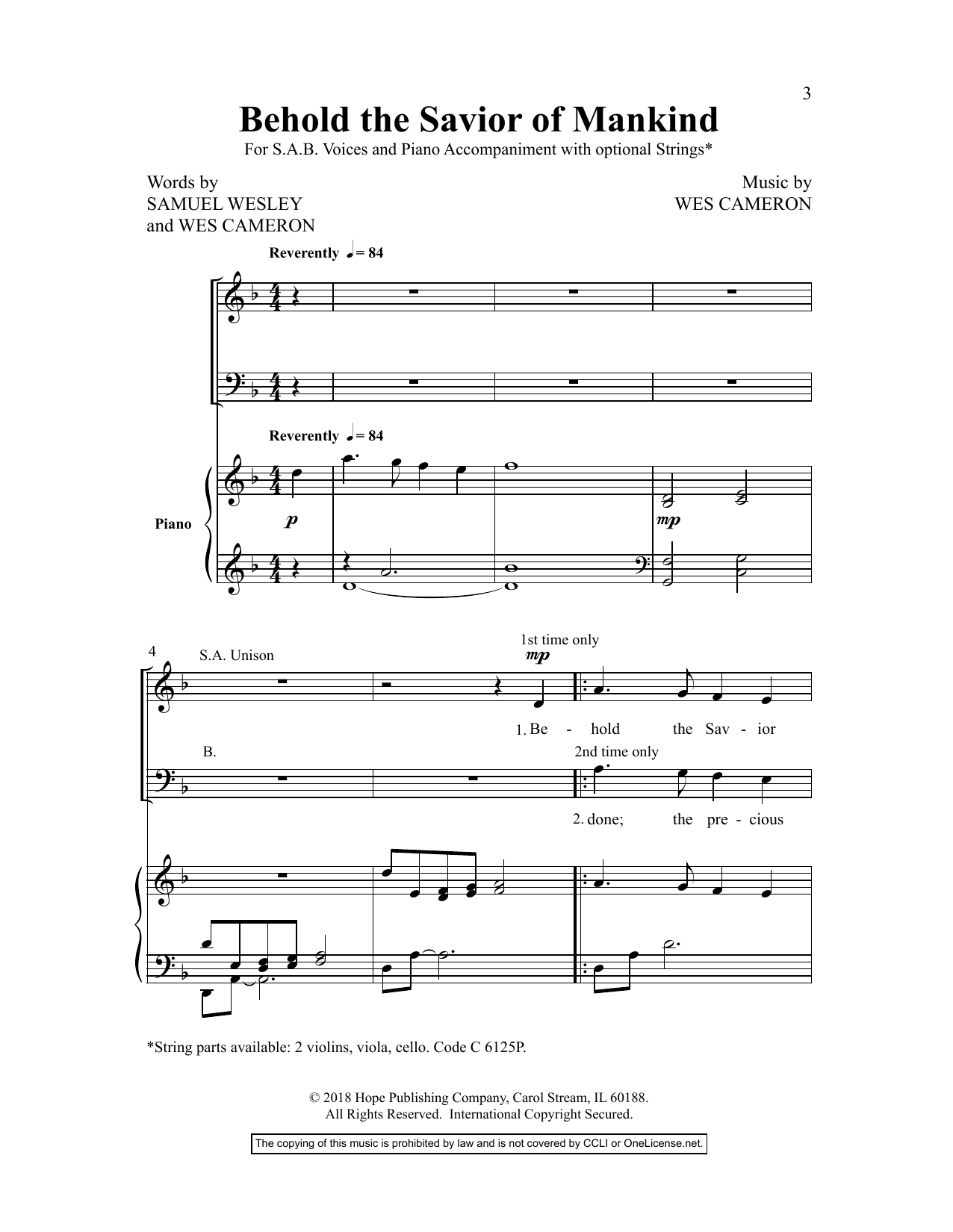 Download Samuel Wesley Behold the Savior of Mankind Sheet Music and learn how to play SAB Choir PDF digital score in minutes