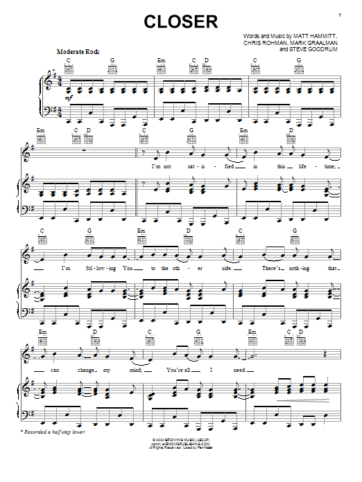 Download Sanctus Real Closer Sheet Music and learn how to play Piano, Vocal & Guitar (Right-Hand Melody) PDF digital score in minutes