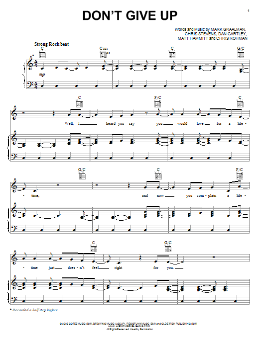 Download Sanctus Real Don't Give Up Sheet Music and learn how to play Piano, Vocal & Guitar (Right-Hand Melody) PDF digital score in minutes