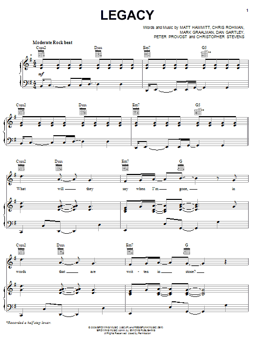 Download Sanctus Real Legacy Sheet Music and learn how to play Piano, Vocal & Guitar (Right-Hand Melody) PDF digital score in minutes