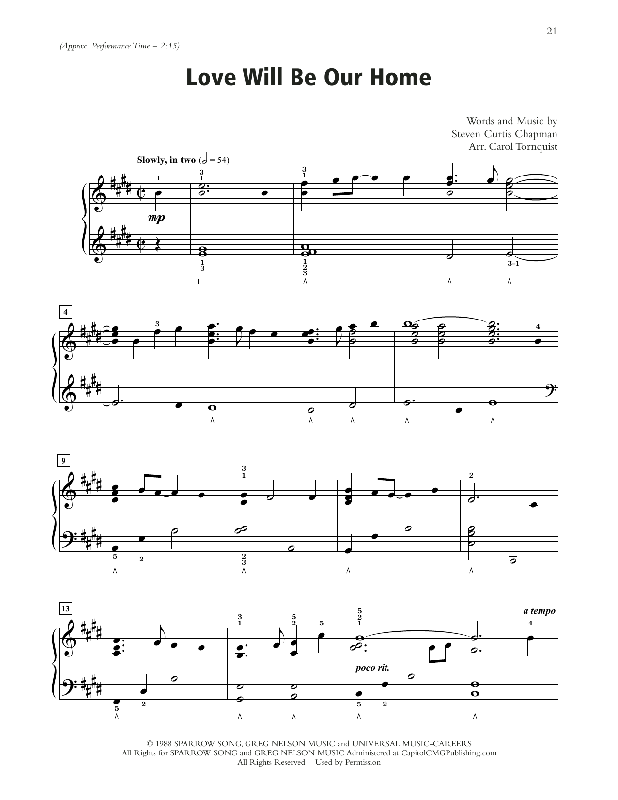 Download Sandi Patty Love Will Be Our Home (arr. Carol Tornquist) Sheet Music and learn how to play Piano Solo PDF digital score in minutes