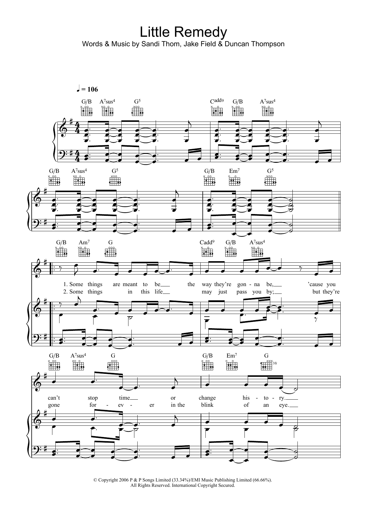 Download Sandi Thom Little Remedy Sheet Music and learn how to play Piano, Vocal & Guitar (Right-Hand Melody) PDF digital score in minutes