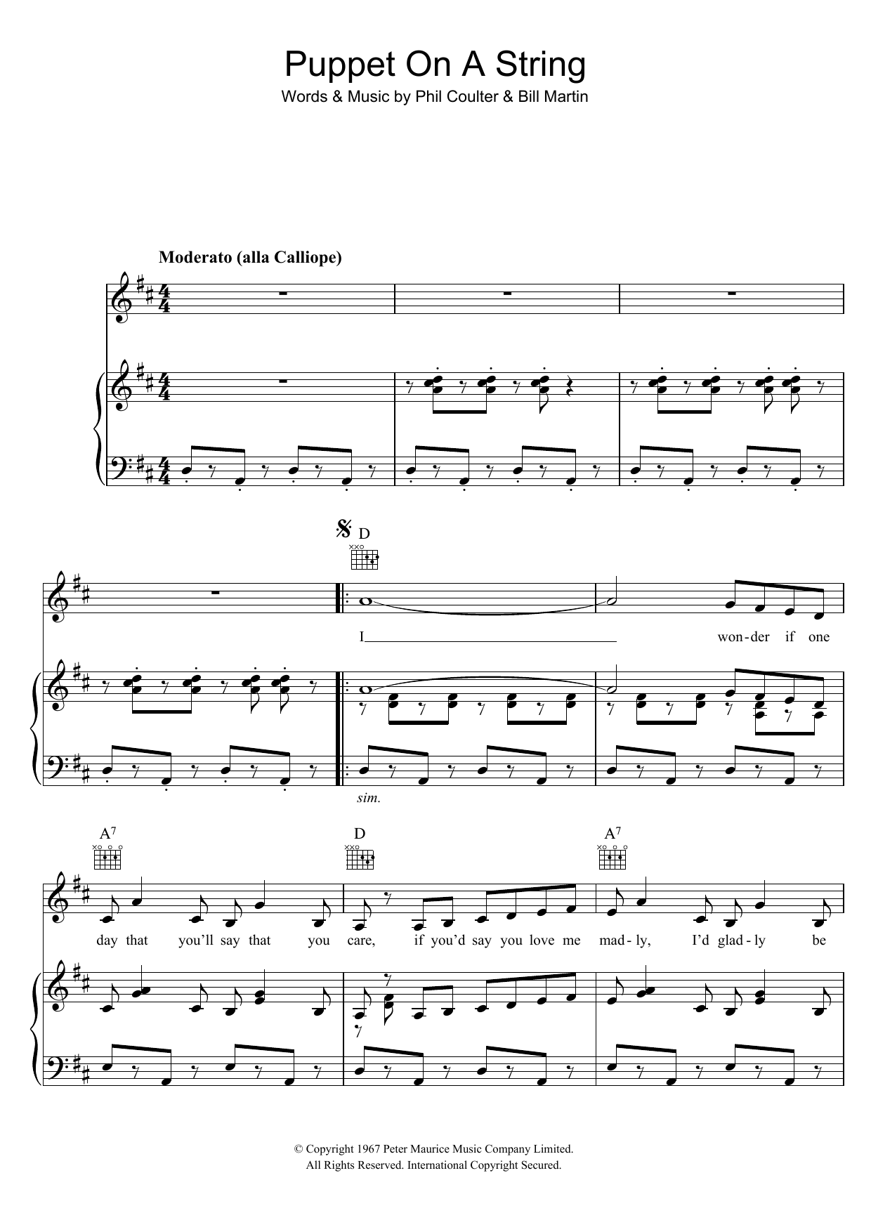 Download Sandie Shaw Puppet On A String Sheet Music and learn how to play Piano, Vocal & Guitar (Right-Hand Melody) PDF digital score in minutes