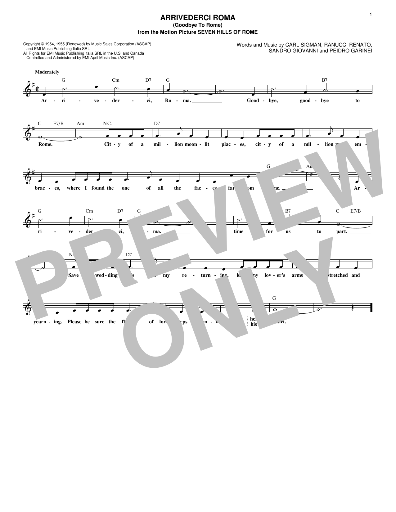 Download Sandro Giovannini Arrivederci Roma (Goodbye To Rome) Sheet Music and learn how to play Melody Line, Lyrics & Chords PDF digital score in minutes