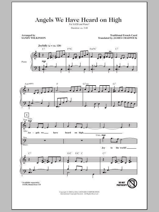 Download Sandy Wilkinson Angels We Have Heard On High Sheet Music and learn how to play SATB Choir PDF digital score in minutes