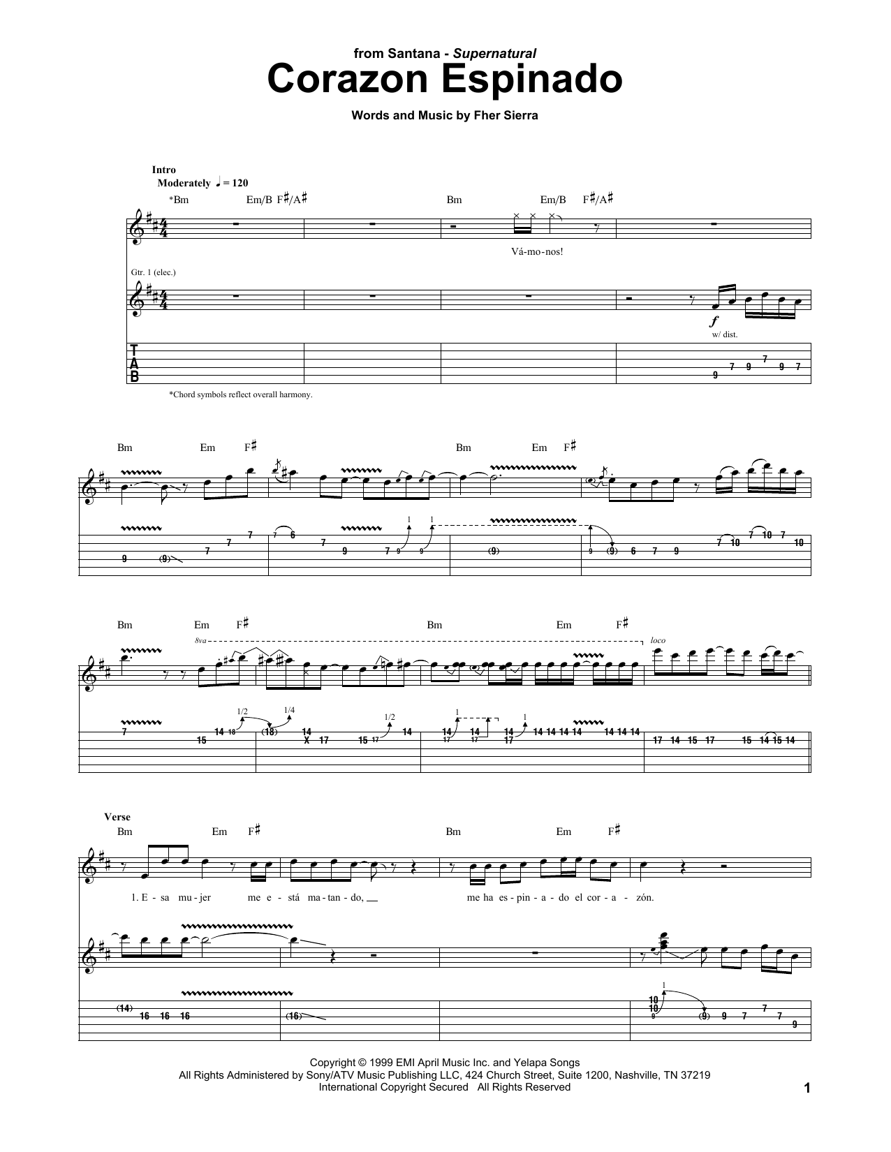 Download Santana Corazon Espinado Sheet Music and learn how to play Easy Guitar Tab PDF digital score in minutes
