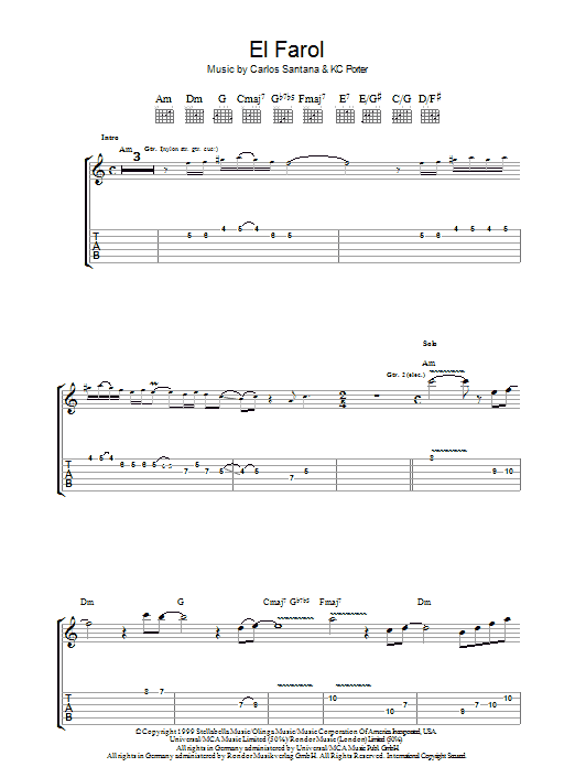 Download Santana El Farol Sheet Music and learn how to play Guitar Tab PDF digital score in minutes