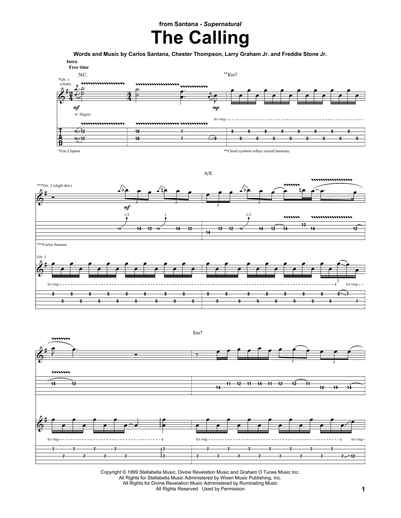 Download Santana featuring Eric Clapton The Calling Sheet Music and learn how to play Guitar Tab PDF digital score in minutes