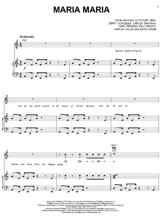 Download Santana Maria Maria (feat. The Product G&B) Sheet Music and learn how to play Piano, Vocal & Guitar (Right-Hand Melody) PDF digital score in minutes