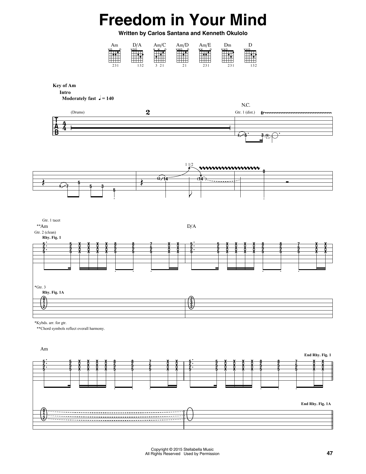 Download Santana Freedom In Your Mind Sheet Music and learn how to play Guitar Tab PDF digital score in minutes