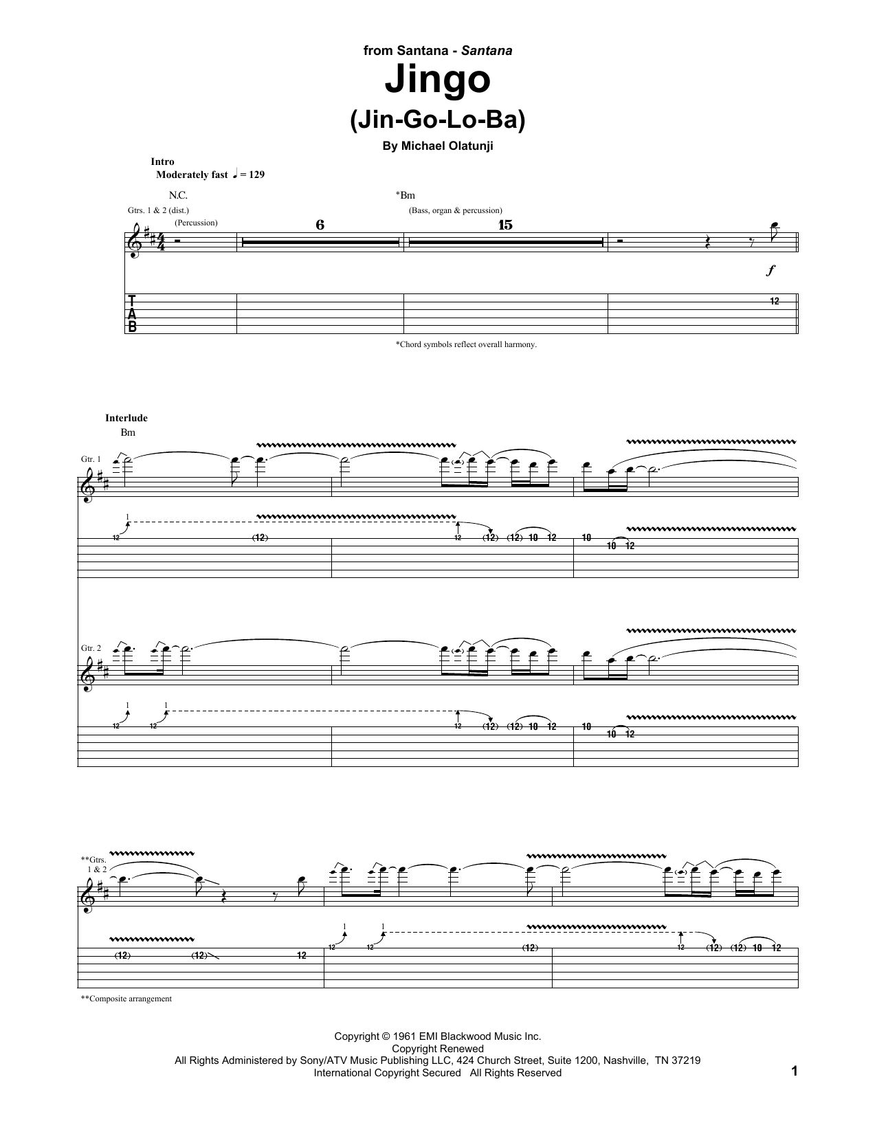 Download Santana Jingo (Jin-Go-Lo-Ba) Sheet Music and learn how to play Guitar Tab PDF digital score in minutes