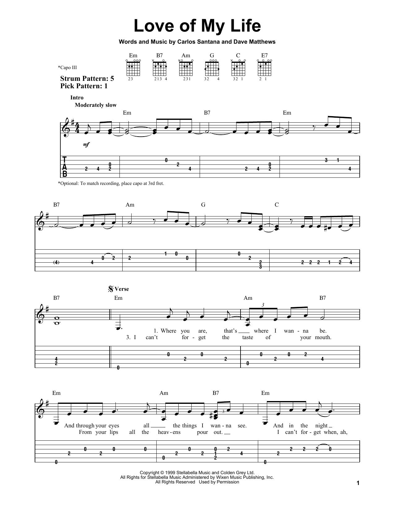 Download Santana featuring Dave Matthews Love Of My Life Sheet Music and learn how to play Guitar Tab PDF digital score in minutes