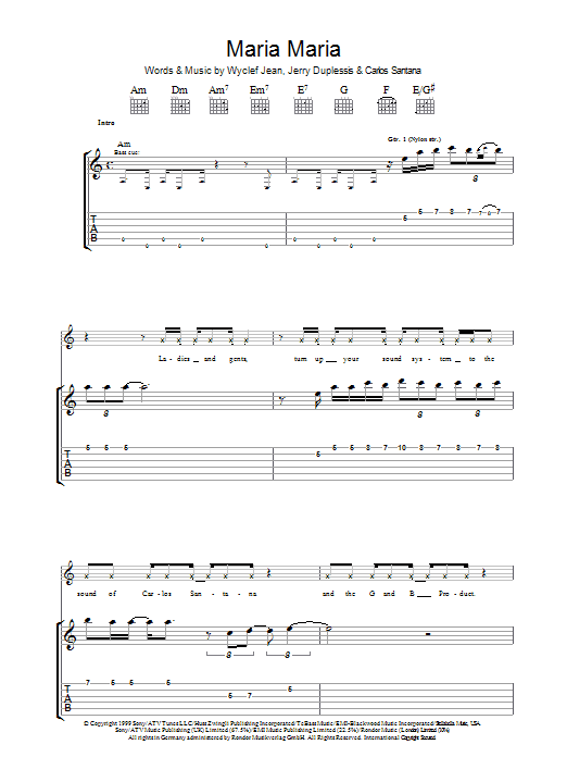 Download Santana featuring The Product G&B Maria Maria Sheet Music and learn how to play Guitar Tab PDF digital score in minutes