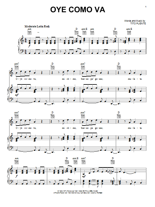 Download Santana Oye Como Va Sheet Music and learn how to play Piano, Vocal & Guitar (Right-Hand Melody) PDF digital score in minutes