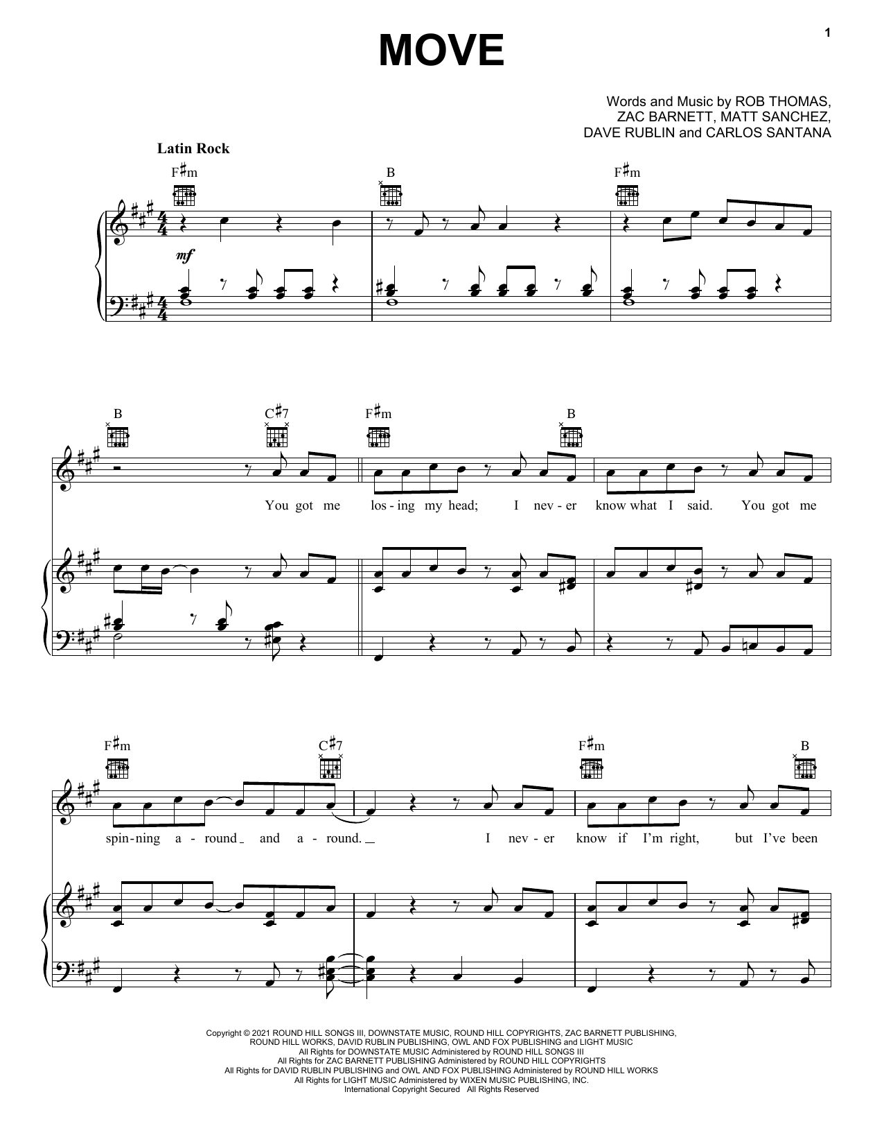 Download Santana, Rob Thomas & American Authors Move Sheet Music and learn how to play Piano, Vocal & Guitar Chords (Right-Hand Melody) PDF digital score in minutes