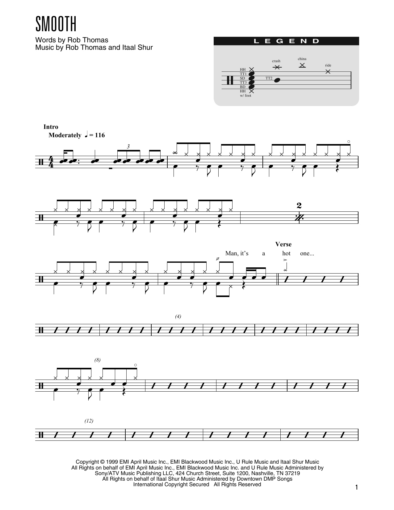 Download Santana Smooth (feat. Rob Thomas) (arr. Kennan Wylie) Sheet Music and learn how to play Drum Chart PDF digital score in minutes