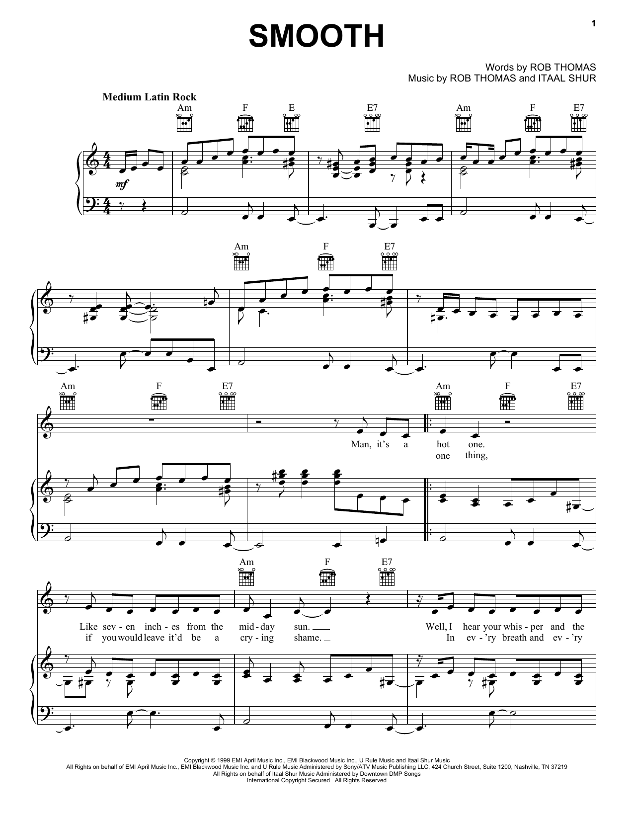 Download Santana Smooth (feat. Rob Thomas) Sheet Music and learn how to play Piano, Vocal & Guitar (Right-Hand Melody) PDF digital score in minutes