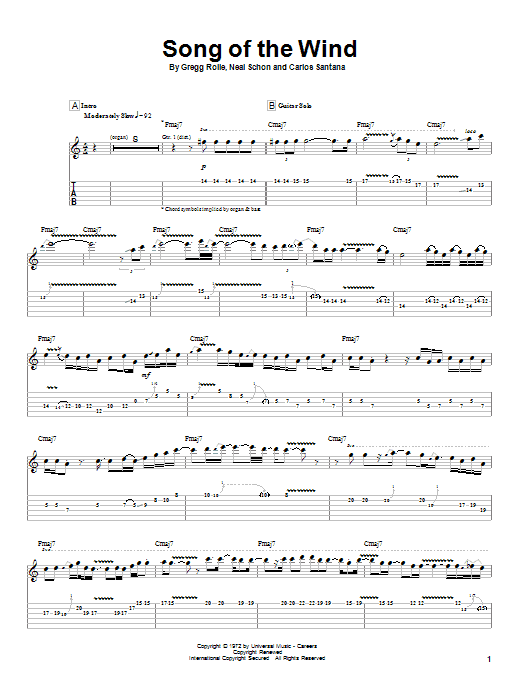 Download Santana Song Of The Wind Sheet Music and learn how to play Guitar Tab PDF digital score in minutes
