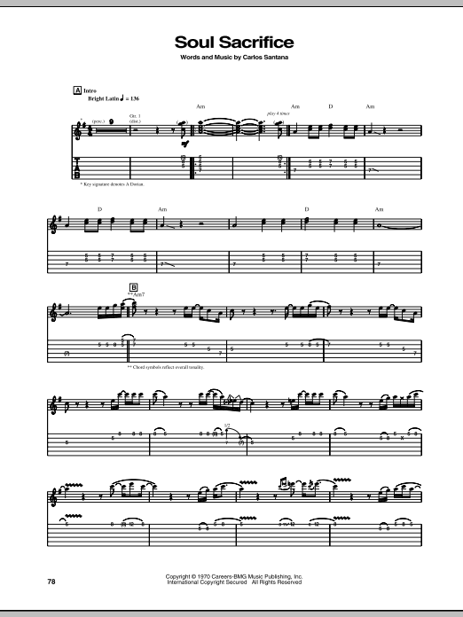 Download Santana Soul Sacrifice Sheet Music and learn how to play Piano, Vocal & Guitar (Right-Hand Melody) PDF digital score in minutes