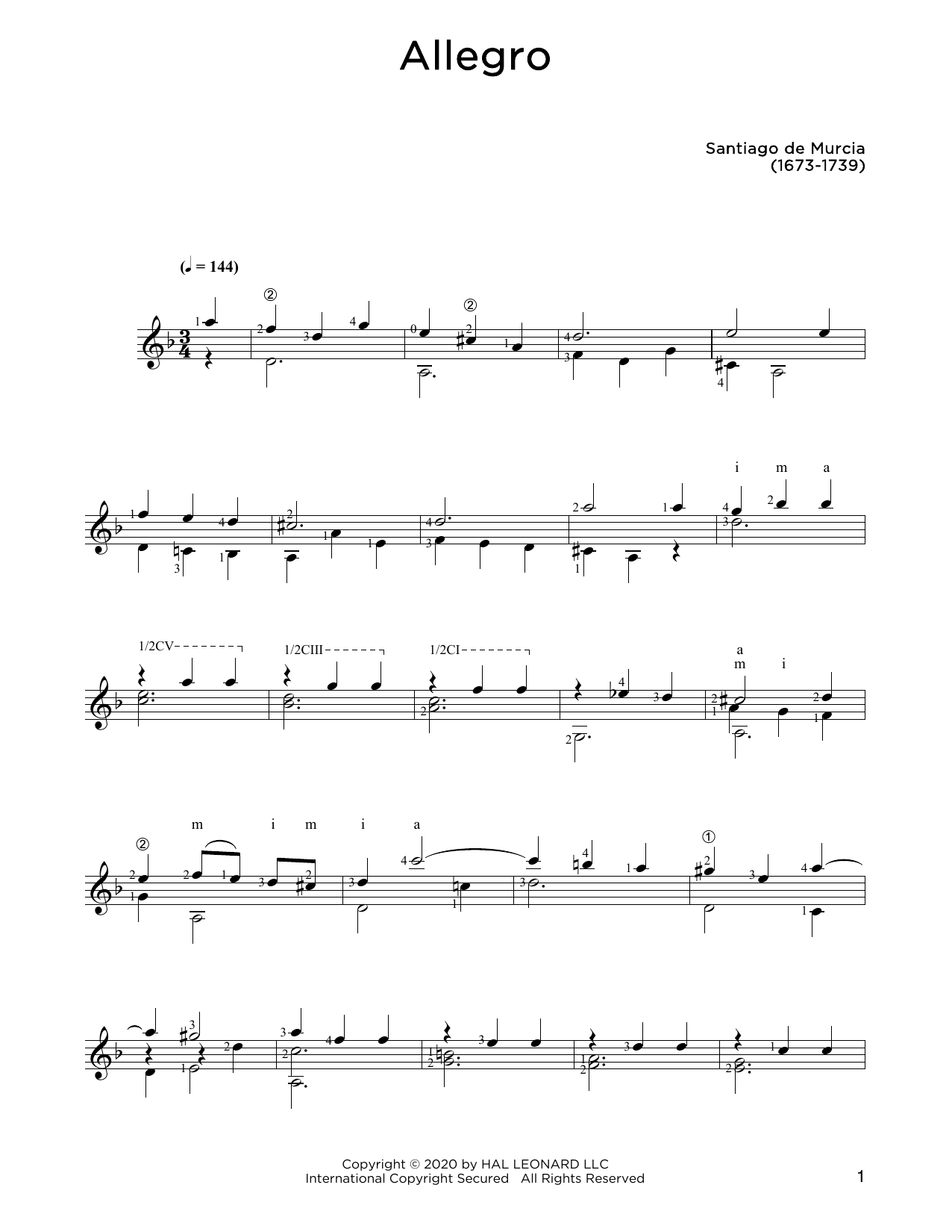 Download Santiago de Murcia Allegro Sheet Music and learn how to play Solo Guitar PDF digital score in minutes