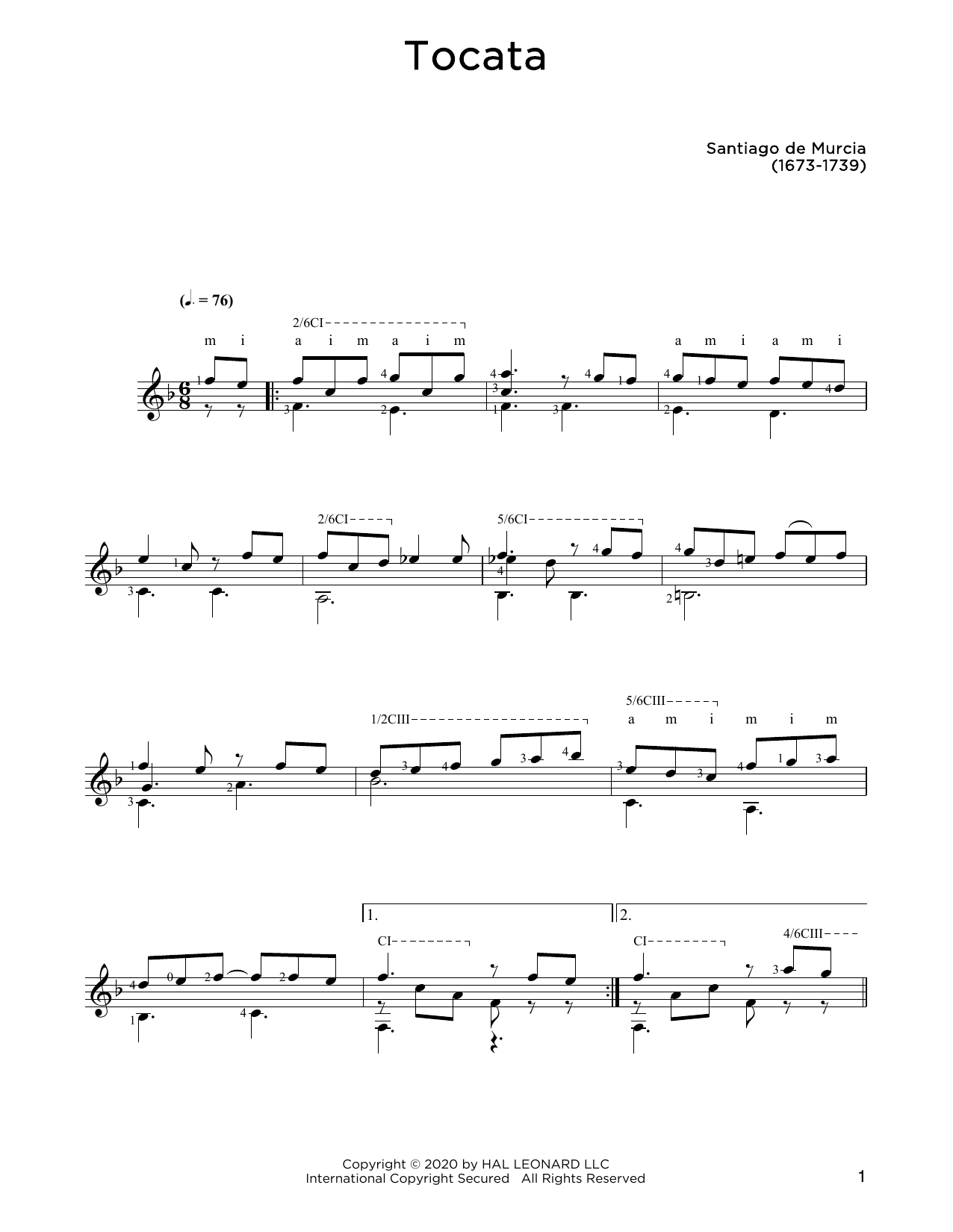 Download Santiago de Murcia Tocata Sheet Music and learn how to play Solo Guitar PDF digital score in minutes