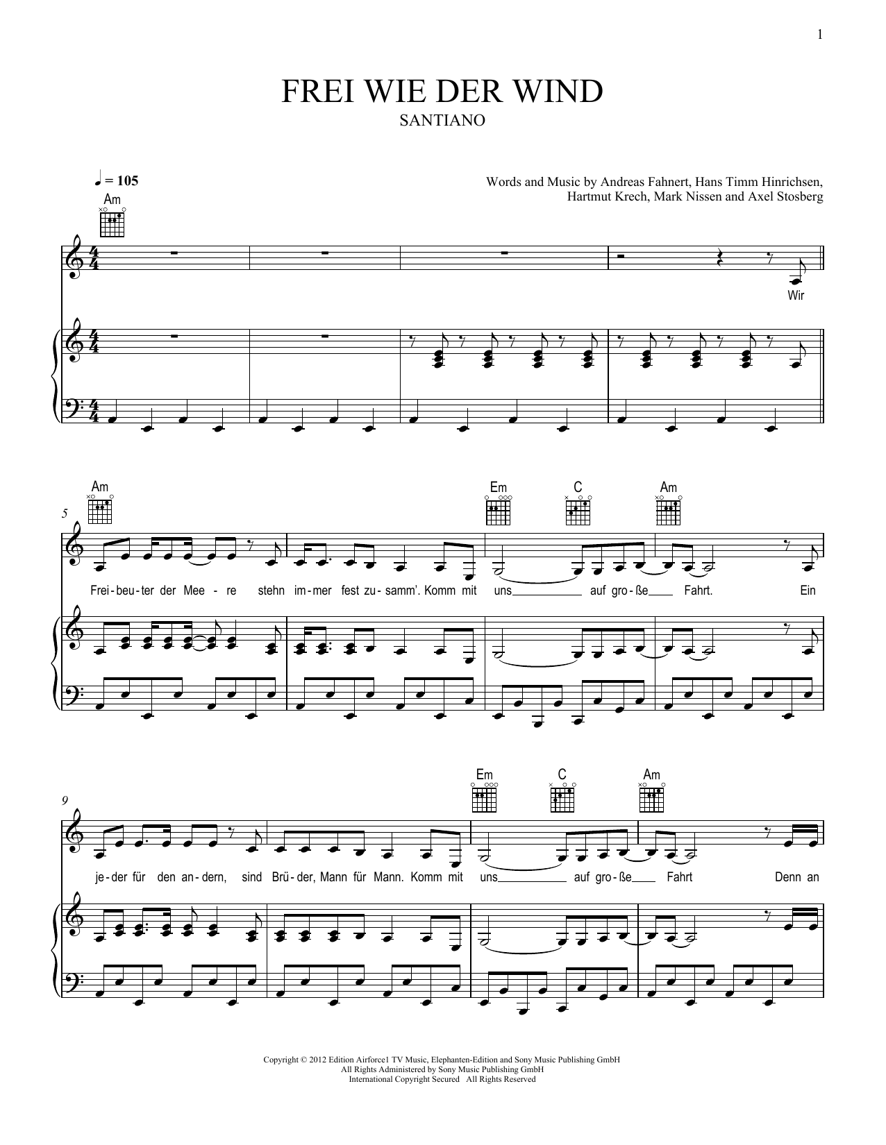 Download Santiano Frei wie der Wind Sheet Music and learn how to play Piano, Vocal & Guitar Chords (Right-Hand Melody) PDF digital score in minutes