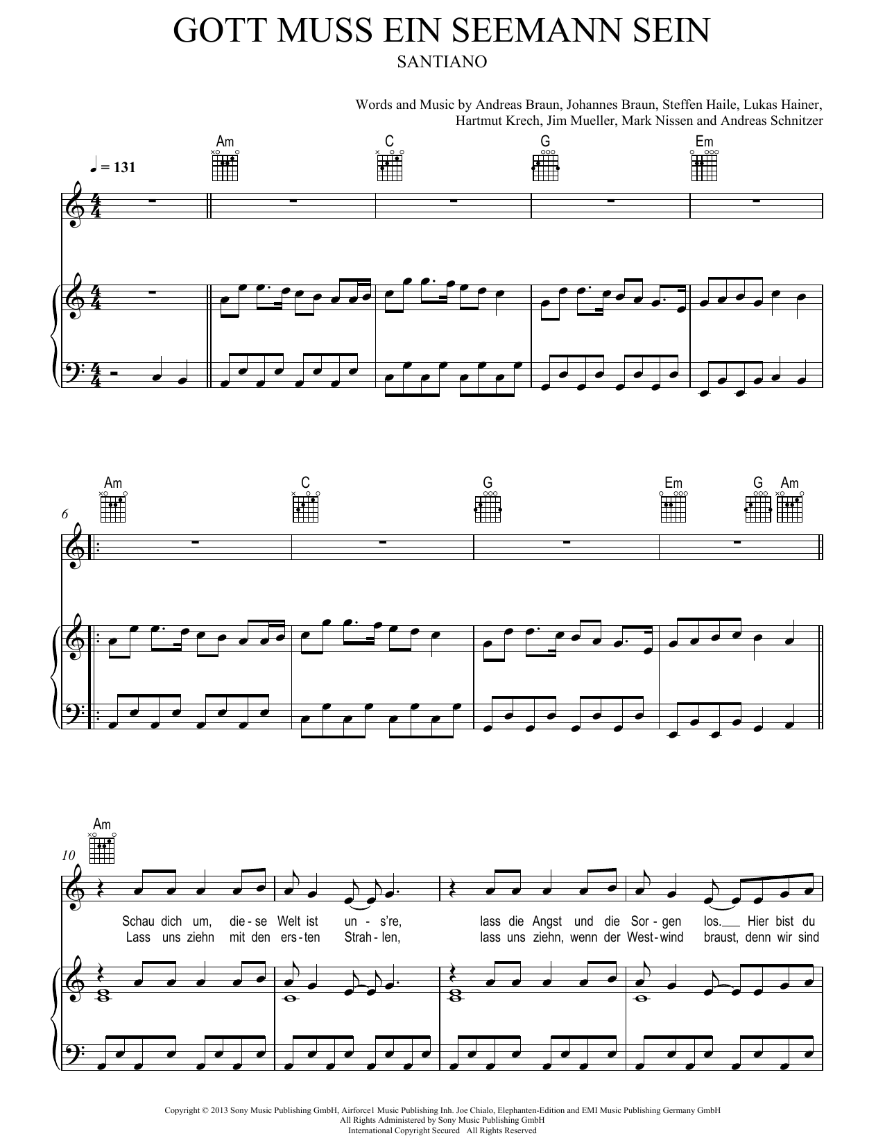 Download Santiano Gott muss ein Seemann sein Sheet Music and learn how to play Piano, Vocal & Guitar Chords (Right-Hand Melody) PDF digital score in minutes