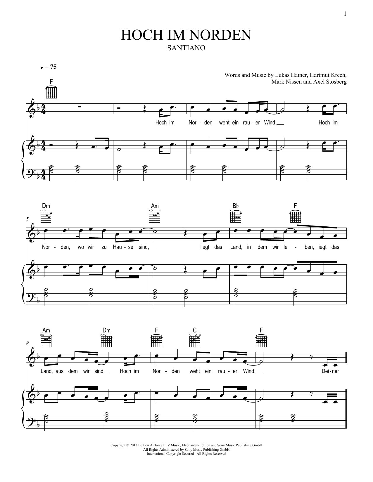 Download Santiano Hoch im Norden Sheet Music and learn how to play Piano, Vocal & Guitar Chords (Right-Hand Melody) PDF digital score in minutes