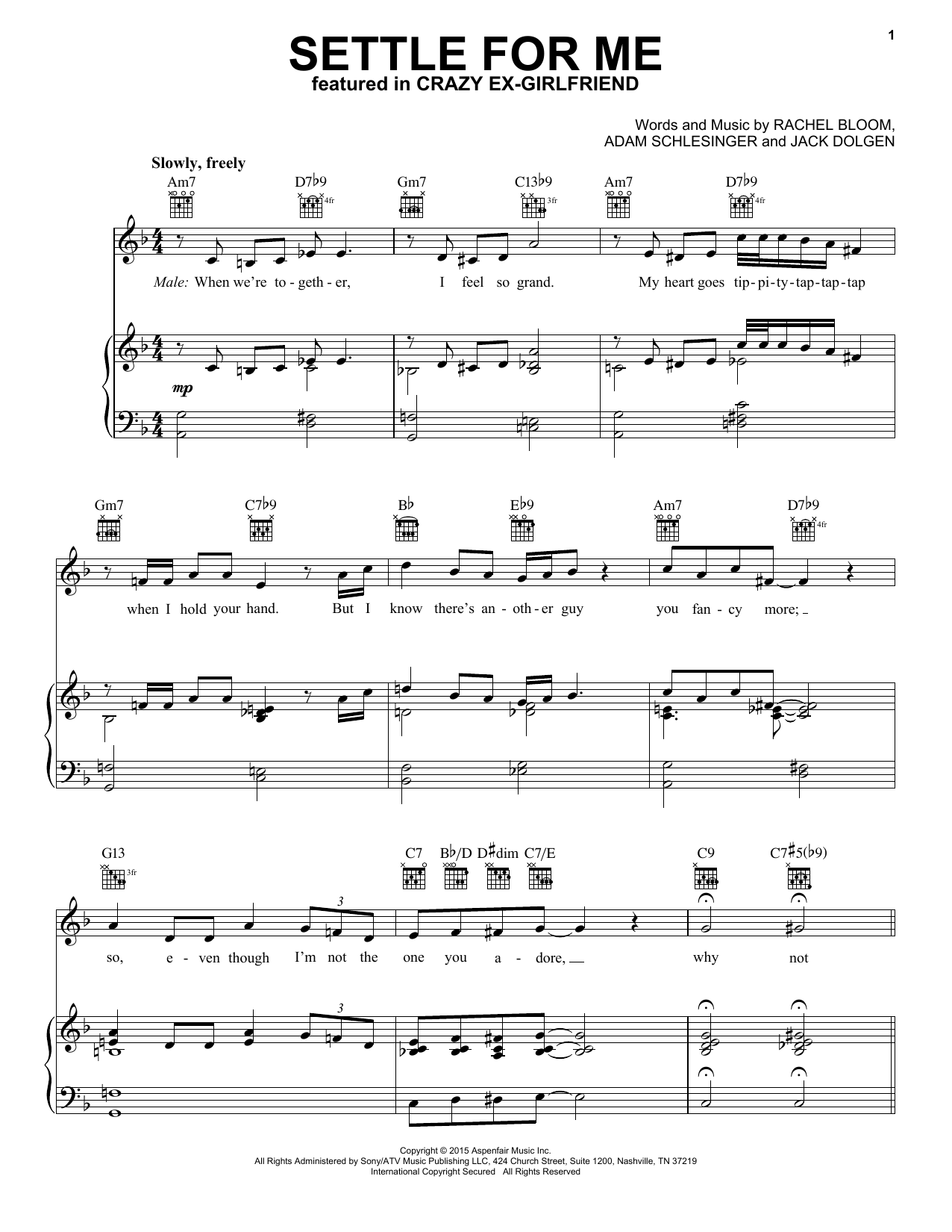 Download Santino Fontana and Rachel Bloom Settle For Me Sheet Music and learn how to play Piano, Vocal & Guitar (Right-Hand Melody) PDF digital score in minutes