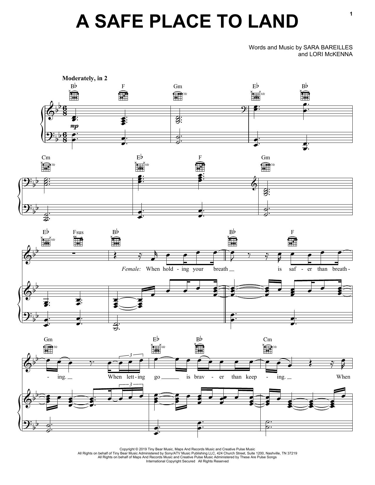 Download Sara Bareilles A Safe Place To Land (feat. John Legend) Sheet Music and learn how to play Piano, Vocal & Guitar Chords (Right-Hand Melody) PDF digital score in minutes