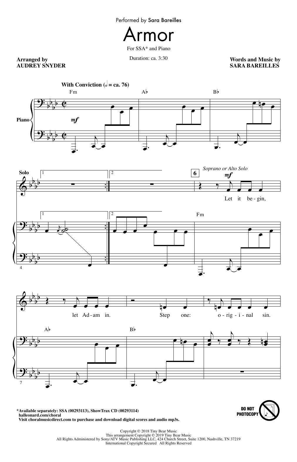 Download Sara Bareilles Armor (arr. Audrey Snyder) Sheet Music and learn how to play SSA Choir PDF digital score in minutes