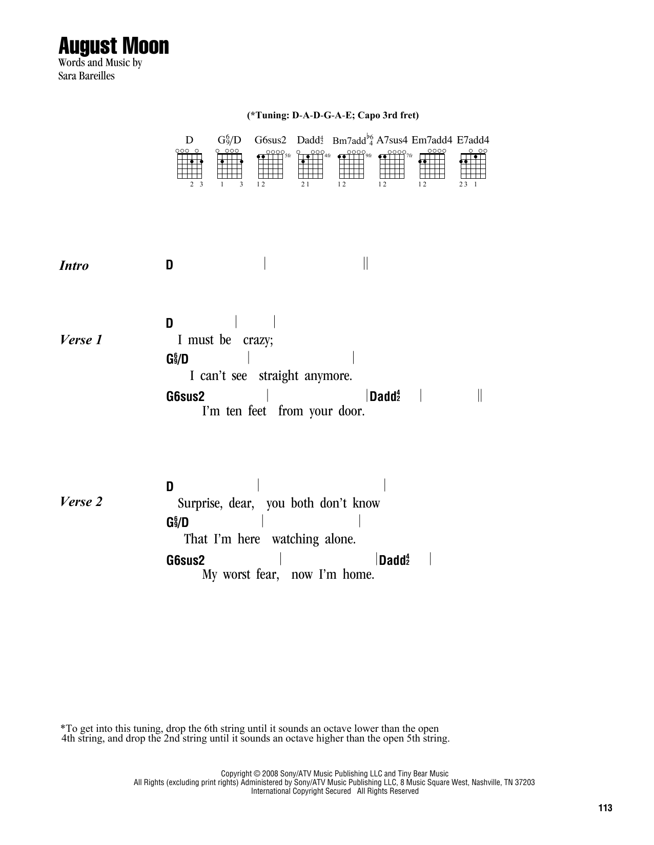 Download Sara Bareilles August Moon Sheet Music and learn how to play Lyrics & Chords PDF digital score in minutes