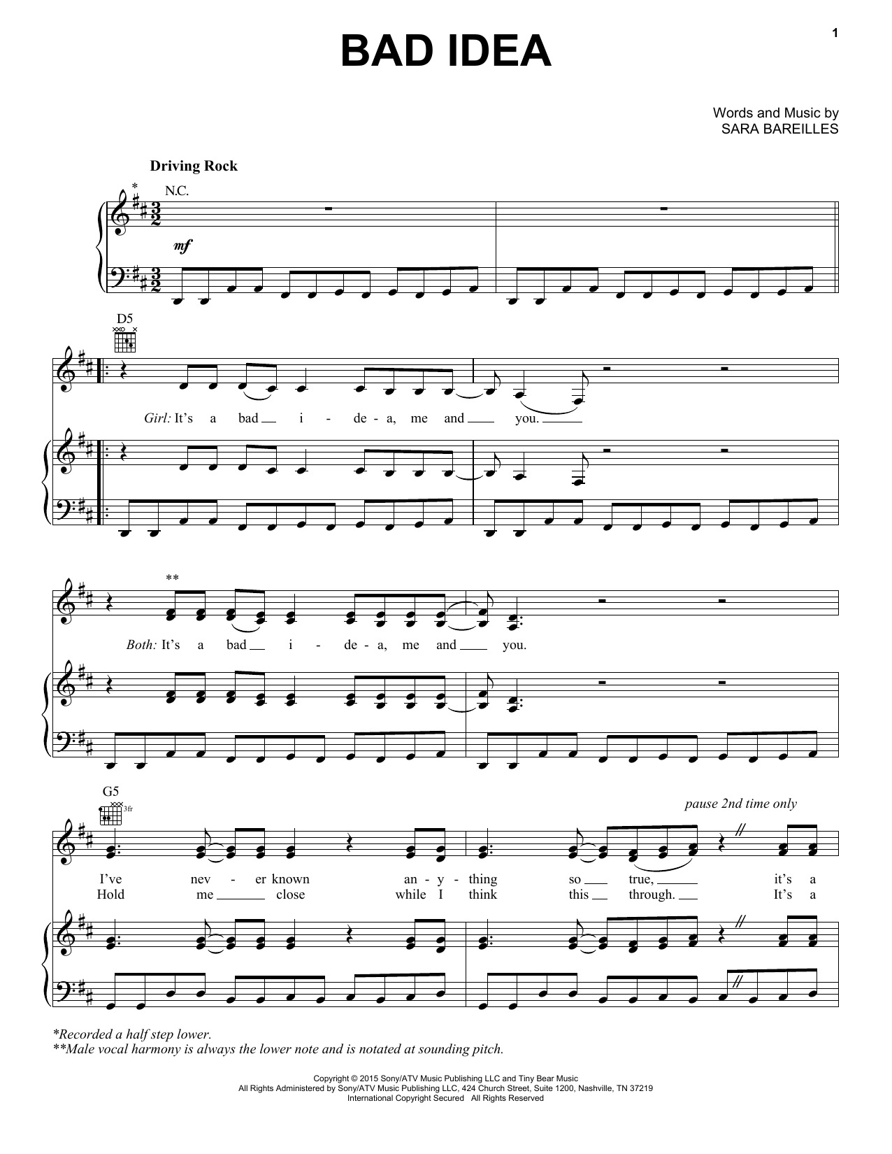 Download Sara Bareilles Bad Idea Sheet Music and learn how to play Piano & Vocal PDF digital score in minutes