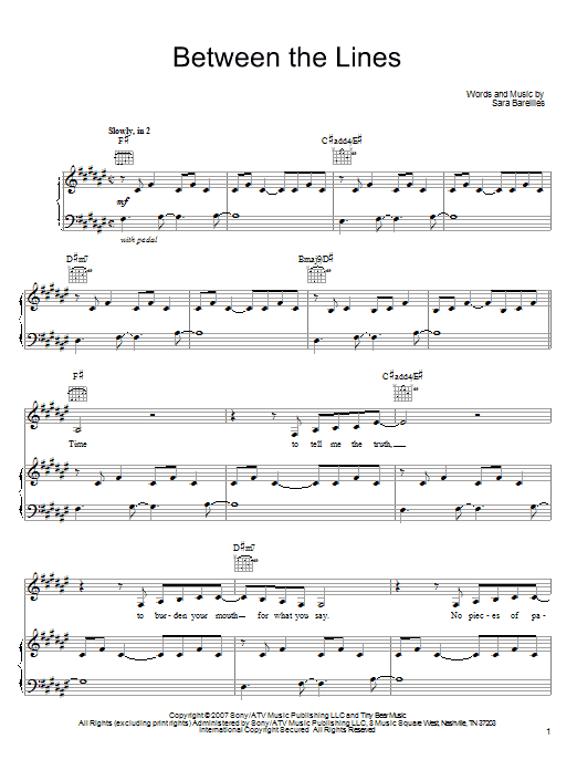 Download Sara Bareilles Between The Lines Sheet Music and learn how to play Lyrics & Chords PDF digital score in minutes