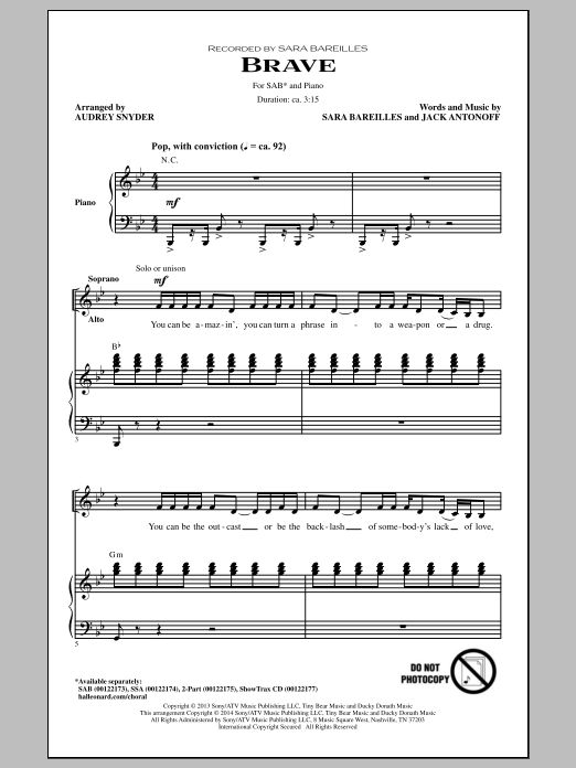 Download Sara Bareilles Brave (arr. Audrey Snyder) Sheet Music and learn how to play SAB PDF digital score in minutes