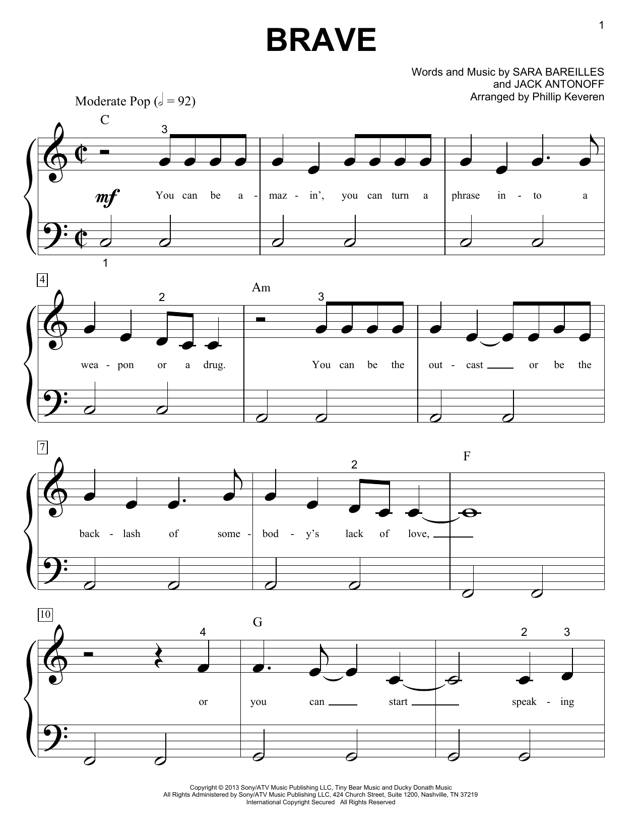 Download Sara Bareilles Brave Sheet Music and learn how to play Piano (Big Notes) PDF digital score in minutes