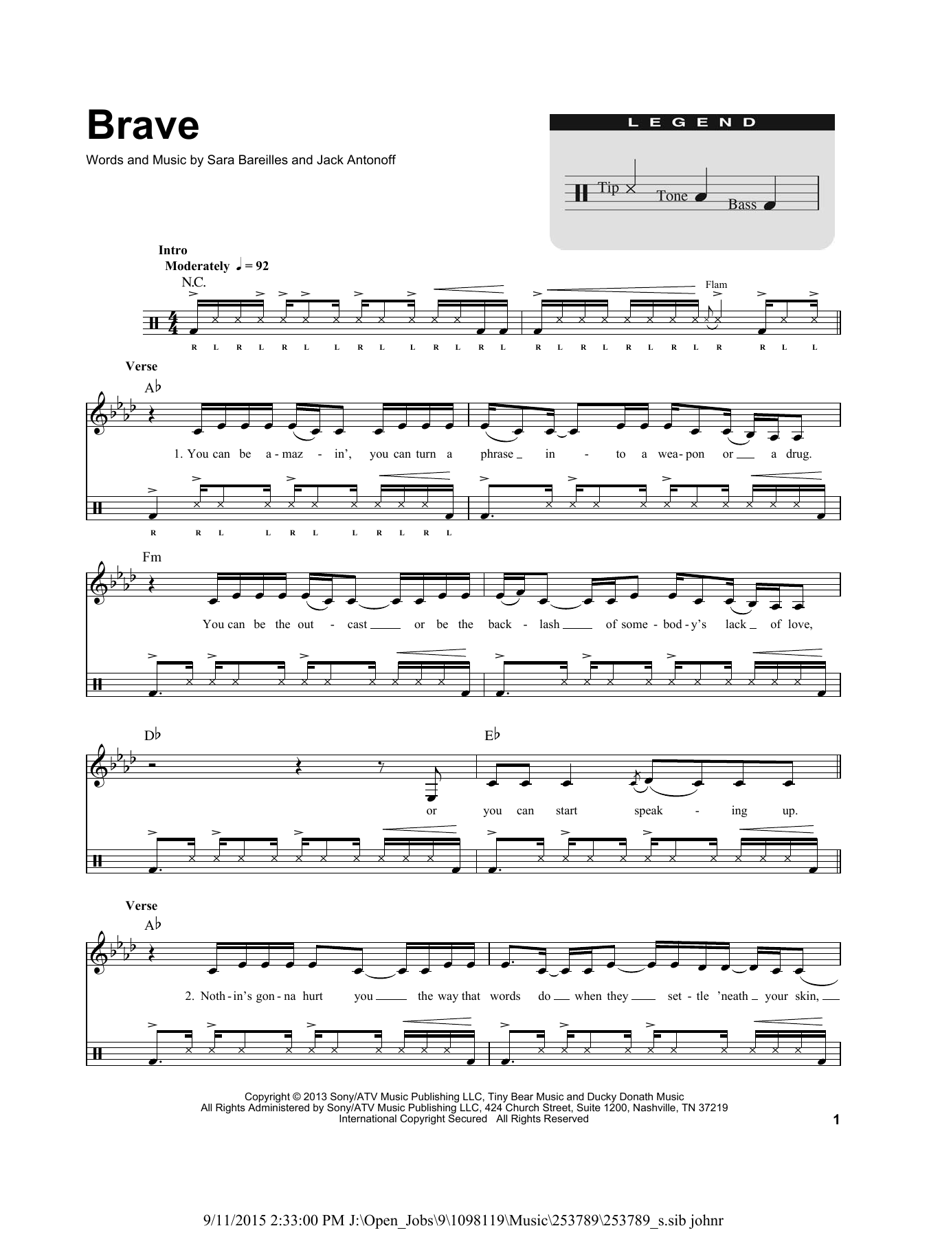 Download Sara Bareilles Brave Sheet Music and learn how to play Drums Transcription PDF digital score in minutes