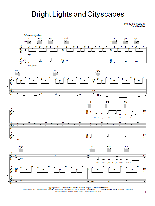 Download Sara Bareilles Bright Lights And Cityscapes Sheet Music and learn how to play Piano, Vocal & Guitar (Right-Hand Melody) PDF digital score in minutes