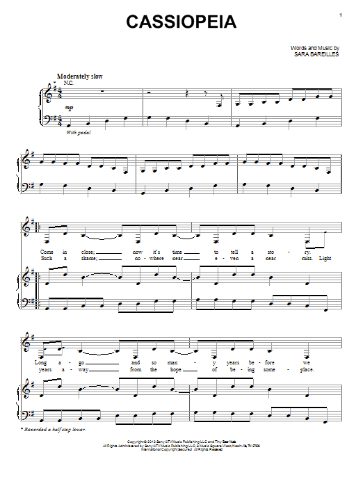 Download Sara Bareilles Cassiopeia Sheet Music and learn how to play Piano, Vocal & Guitar (Right-Hand Melody) PDF digital score in minutes